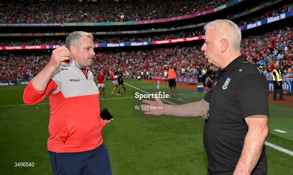 28 June 2026; Louth manager Gavin Devlin, left, embraces Monaghan manager Gabriel Bannigan after the GAA Football All-Ireland Senior Championship quarter-final match between Louth and Monaghan at Croke Park in Dublin. Photo by Sam Barnes/Sportsfile
