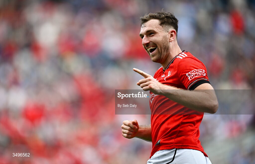 28 June 2026; Sam Mulroy of Louth celebrates after his side's victory in the GAA Football All-Ireland Senior Championship quarter-final match between Louth and Monaghan at Croke Park in Dublin. Photo by Seb Daly/Sportsfile