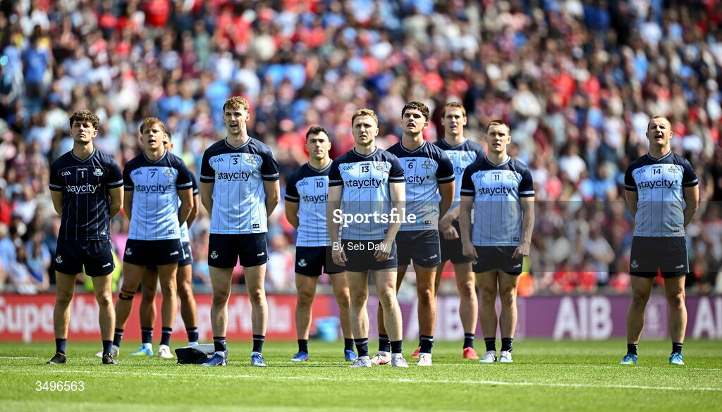 28 June 2026; Dublin players before the GAA Football All-Ireland Senior Championship quarter-final match between Dublin and Galway at Croke Park in Dublin. Photo by Seb Daly/Sportsfile