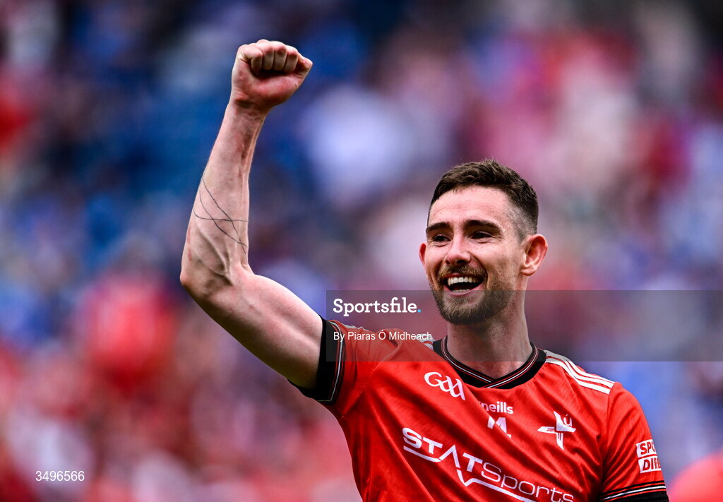 28 June 2026; Ciarán Downey of Louth celebrates after his side's victory in the GAA Football All-Ireland Senior Championship quarter-final match between Louth and Monaghan at Croke Park in Dublin. Photo by Piaras Ó Mídheach/Sportsfile