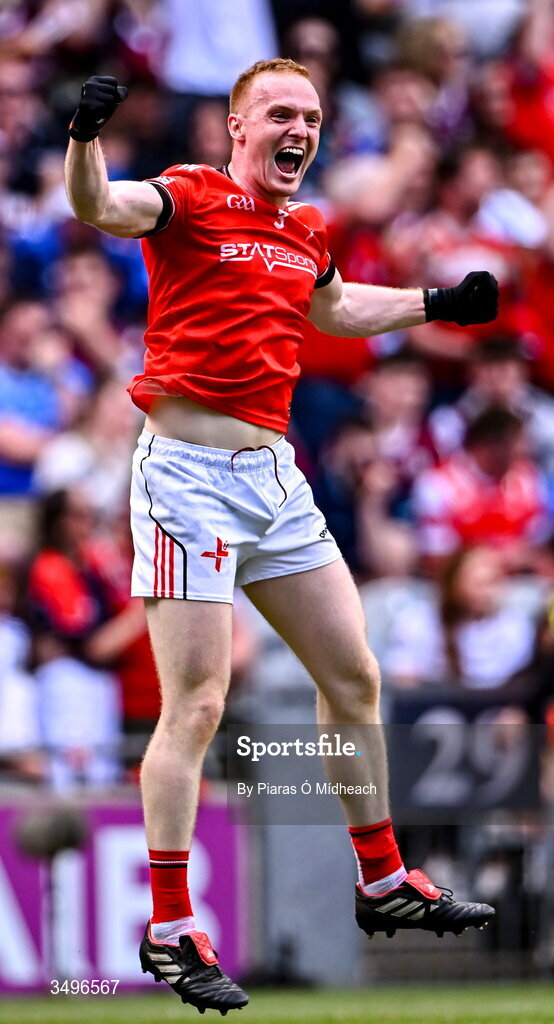 28 June 2026; Donal McKenny of Louth celebrates after his side's victory in the GAA Football All-Ireland Senior Championship quarter-final match between Louth and Monaghan at Croke Park in Dublin. Photo by Piaras Ó Mídheach/Sportsfile