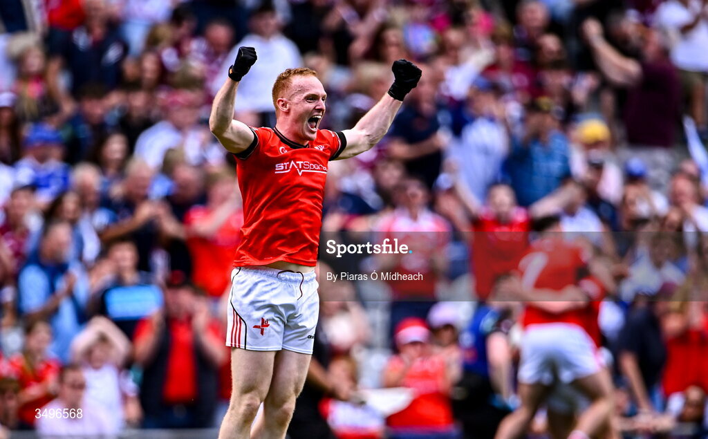 28 June 2026; Donal McKenny of Louth celebrates after his side's victory in the GAA Football All-Ireland Senior Championship quarter-final match between Louth and Monaghan at Croke Park in Dublin. Photo by Piaras Ó Mídheach/Sportsfile