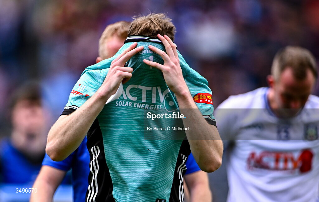 28 June 2026; Monaghan goalkeeper Jamie Mooney dejected after his side's defeat in the GAA Football All-Ireland Senior Championship quarter-final match between Louth and Monaghan at Croke Park in Dublin. Photo by Piaras Ó Mídheach/Sportsfile