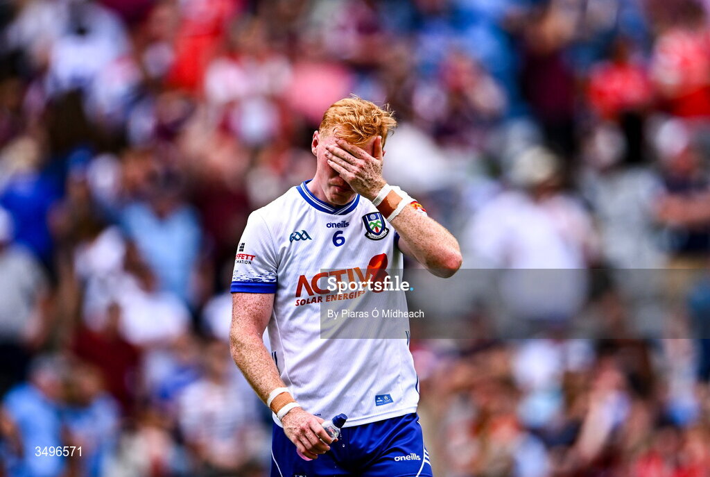 28 June 2026; Ryan O'Toole of Monaghan dejected after his side's defeat in the GAA Football All-Ireland Senior Championship quarter-final match between Louth and Monaghan at Croke Park in Dublin. Photo by Piaras Ó Mídheach/Sportsfile