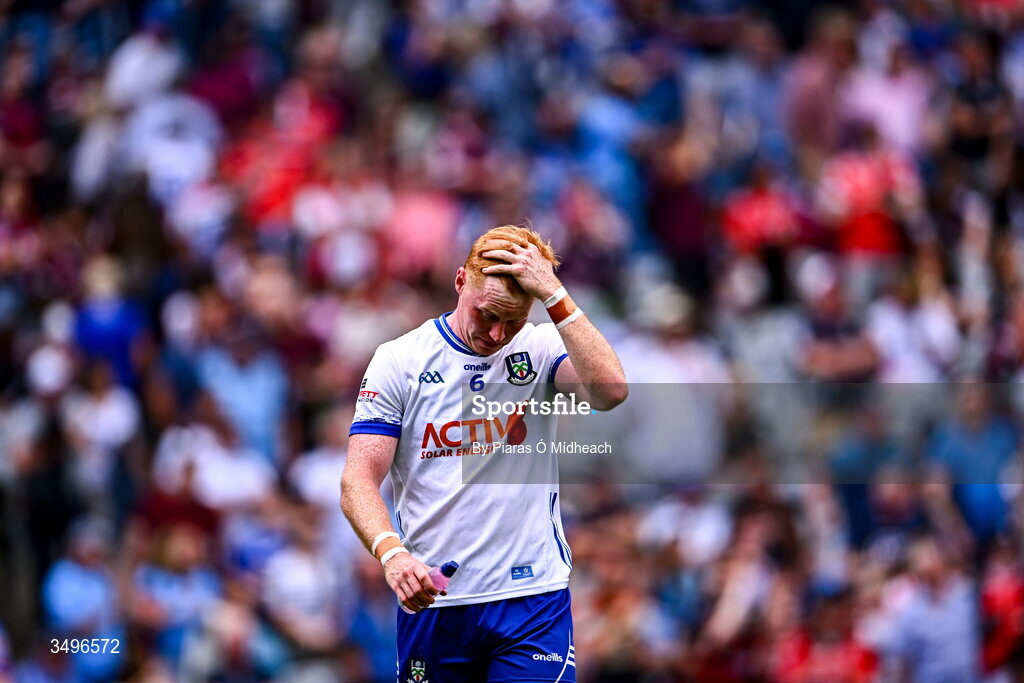 28 June 2026; Ryan O'Toole of Monaghan dejected after his side's defeat in the GAA Football All-Ireland Senior Championship quarter-final match between Louth and Monaghan at Croke Park in Dublin. Photo by Piaras Ó Mídheach/Sportsfile