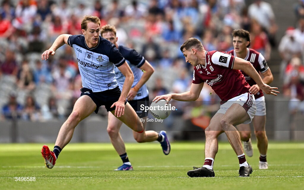 28 June 2026; Matthew Tierney of Galway in action against Peadar Ó Cofaigh Byrne of Dublin during the GAA Football All-Ireland Senior Championship quarter-final match between Dublin and Galway at Croke Park in Dublin. Photo by Seb Daly/Sportsfile