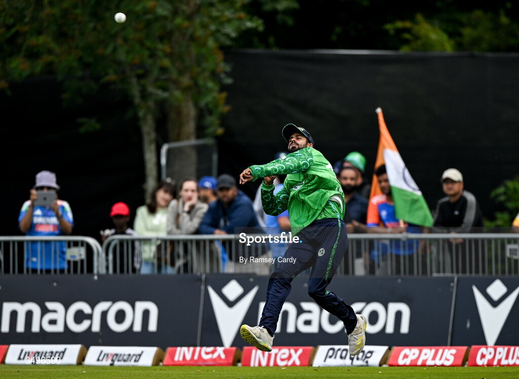 28 June 2026; Jai Moondra of Ireland during match two of the Spinny Cup Men's T20 International series between Ireland and India at Stormont in Belfast.  Photo by Ramsey Cardy/Sportsfile