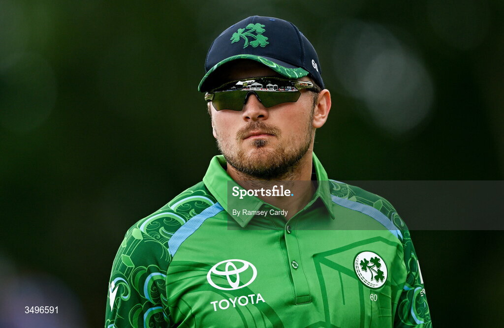 28 June 2026; Tim Tector of Ireland during match two of the Spinny Cup Men's T20 International series between Ireland and India at Stormont in Belfast.  Photo by Ramsey Cardy/Sportsfile