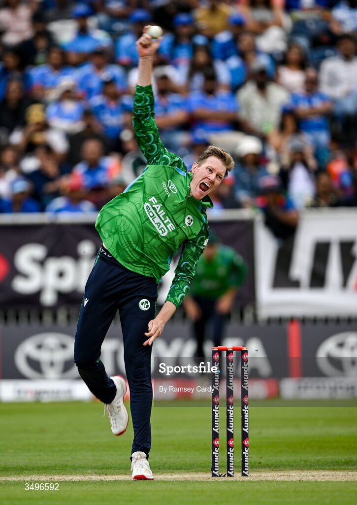28 June 2026; Ireland bowler Harry Tector during match two of the Spinny Cup Men's T20 International series between Ireland and India at Stormont in Belfast.  Photo by Ramsey Cardy/Sportsfile