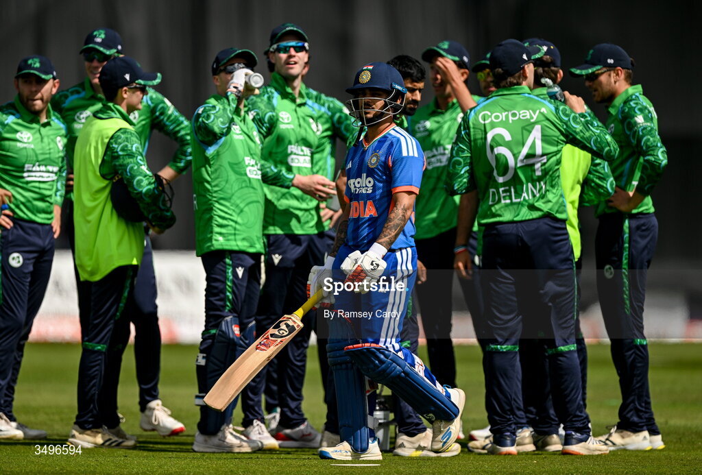 28 June 2026; Ishan Kishan of India after losing his wicket during match two of the Spinny Cup Men's T20 International series between Ireland and India at Stormont in Belfast.  Photo by Ramsey Cardy/Sportsfile