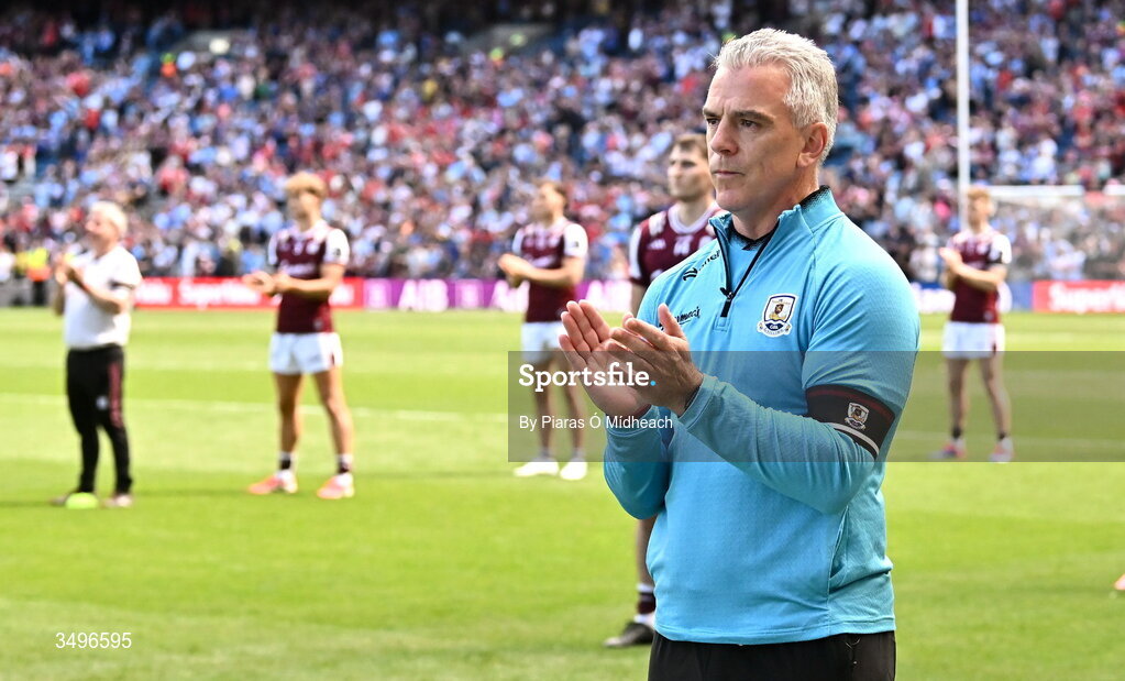 28 June 2026; Galway manager Pádraic Joyce during the pre-match minute's silence in memory of former Galway footballer Paul Clancy, who passed away recently, before the GAA Football All-Ireland Senior Championship quarter-final match between Dublin and Galway at Croke Park in Dublin. Photo by Piaras Ó Mídheach/Sportsfile