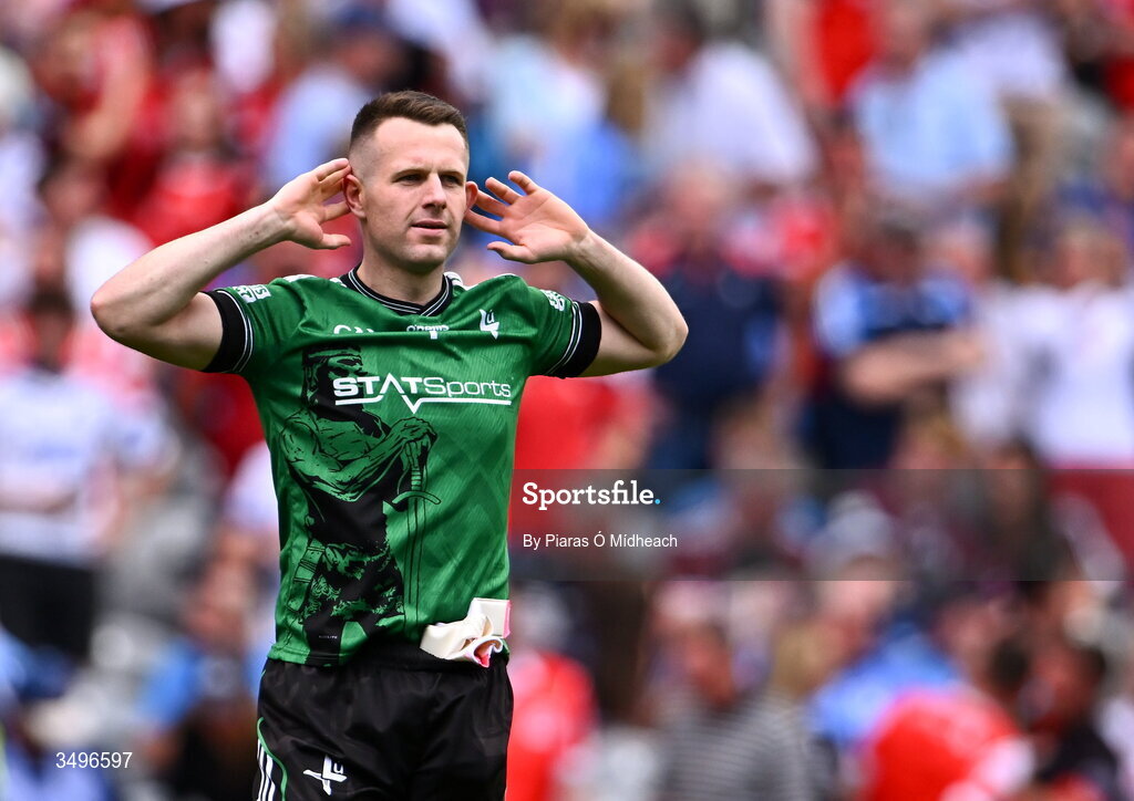 28 June 2026; Louth goalkeeper Niall McDonnell celebrates after his side's victory in the GAA Football All-Ireland Senior Championship quarter-final match between Louth and Monaghan at Croke Park in Dublin. Photo by Piaras Ó Mídheach/Sportsfile