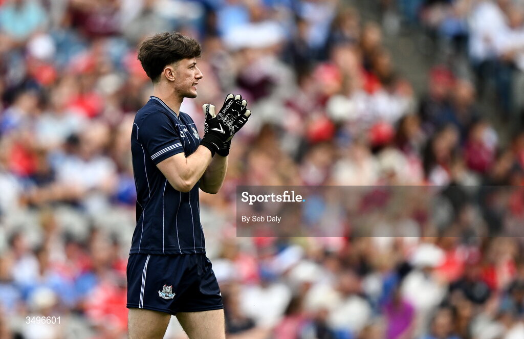 28 June 2026; Dublin goalkeeper Evan Comerford during the GAA Football All-Ireland Senior Championship quarter-final match between Dublin and Galway at Croke Park in Dublin. Photo by Seb Daly/Sportsfile
