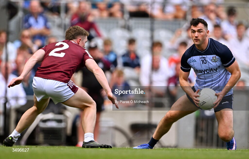 28 June 2026; Colm Basquel of Dublin in action against Jack Glynn of Galway during the GAA Football All-Ireland Senior Championship quarter-final match between Dublin and Galway at Croke Park in Dublin. Photo by Piaras Ó Mídheach/Sportsfile