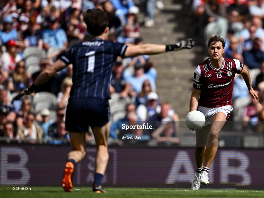 28 June 2026; Robert Finnerty of Galway scores a point, past Dublin goalkeeper Evan Comerford, during the GAA Football All-Ireland Senior Championship quarter-final match between Dublin and Galway at Croke Park in Dublin. Photo by Seb Daly/Sportsfile