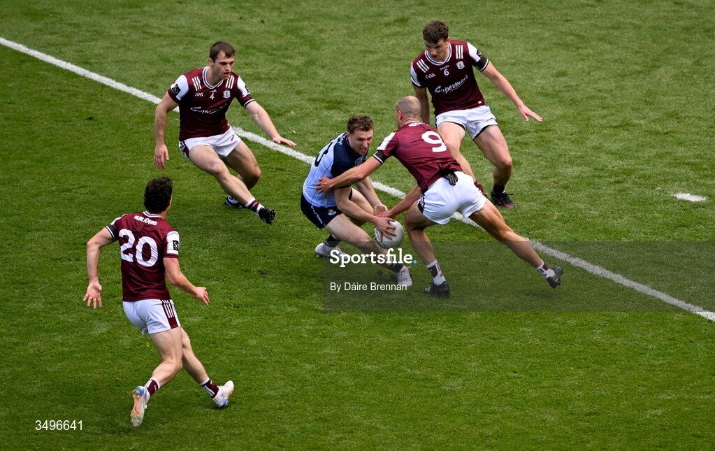 28 June 2026; Paddy Small of Dublin in action against Galway players, left to right, Kieran Molloy, Liam Silke, John Maher, and John Daly during the GAA Football All-Ireland Senior Championship quarter-final match between Dublin and Galway at Croke Park in Dublin. Photo by Daire Brennan/Sportsfile