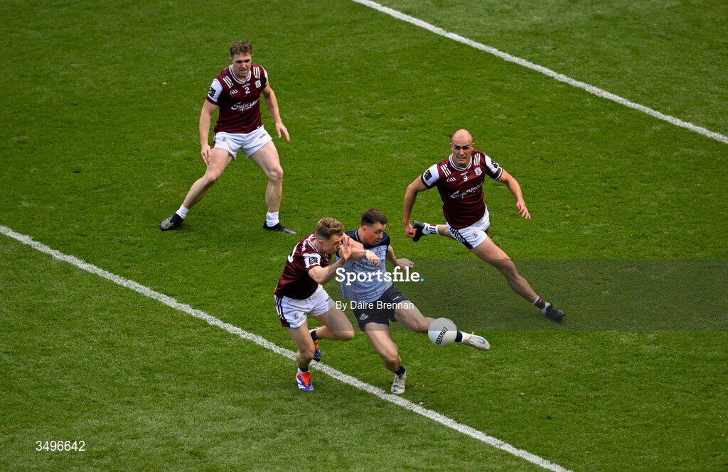 28 June 2026; Cormac Costello of Dublin in action against Dylan McHugh of Galway during the GAA Football All-Ireland Senior Championship quarter-final match between Dublin and Galway at Croke Park in Dublin. Photo by Daire Brennan/Sportsfile