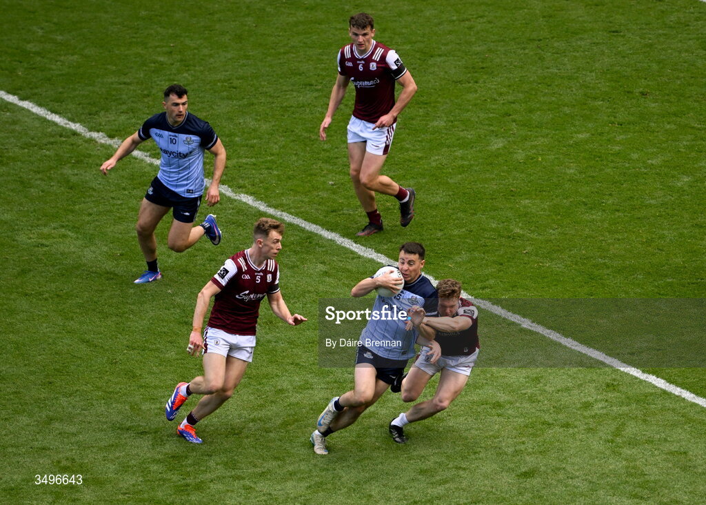 28 June 2026; Cormac Costello of Dublin in action against Dylan McHugh, left, Jack Glynn of Galway during the GAA Football All-Ireland Senior Championship quarter-final match between Dublin and Galway at Croke Park in Dublin. Photo by Daire Brennan/Sportsfile
