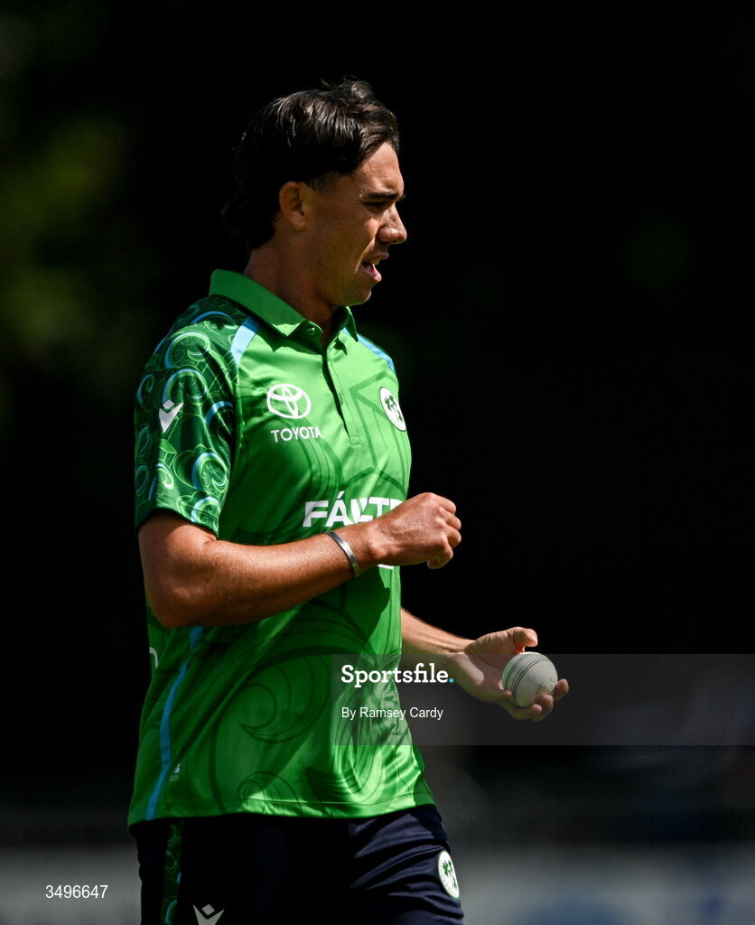 28 June 2026; Ireland bowler Matthew Hollard during match two of the Spinny Cup Men's T20 International series between Ireland and India at Stormont in Belfast.  Photo by Ramsey Cardy/Sportsfile