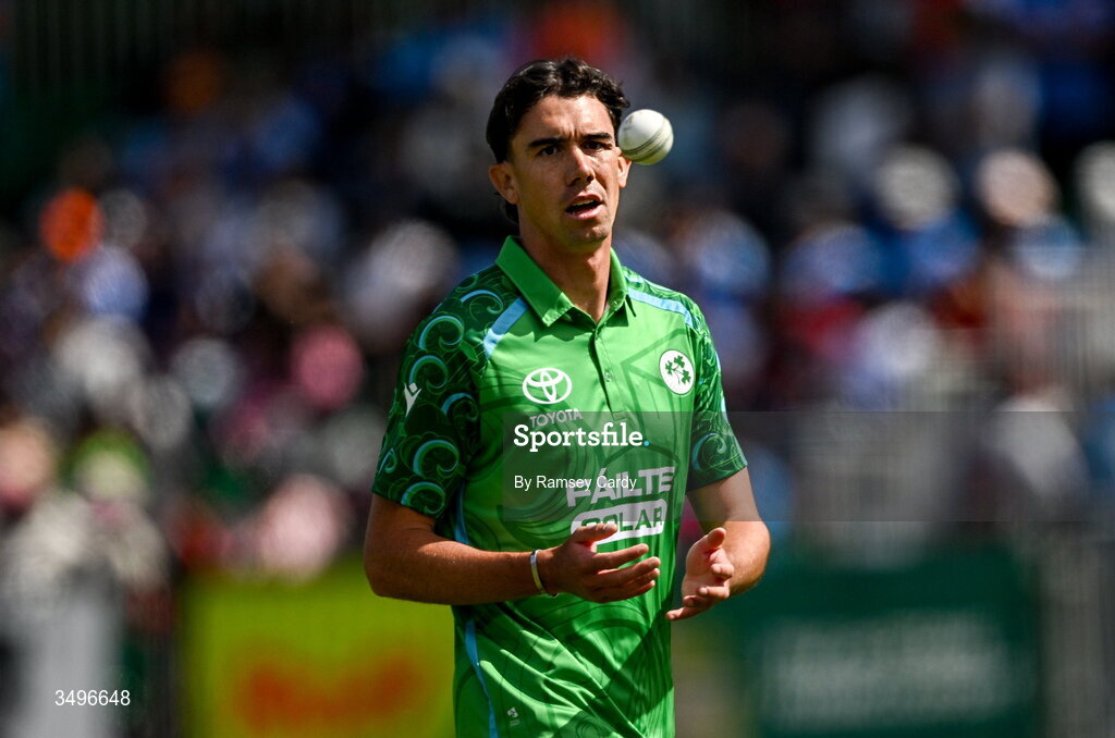 28 June 2026; Ireland bowler Matthew Hollard during match two of the Spinny Cup Men's T20 International series between Ireland and India at Stormont in Belfast.  Photo by Ramsey Cardy/Sportsfile