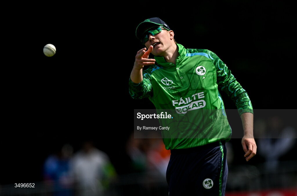 28 June 2026; Harry Tector of Ireland during match two of the Spinny Cup Men's T20 International series between Ireland and India at Stormont in Belfast.  Photo by Ramsey Cardy/Sportsfile