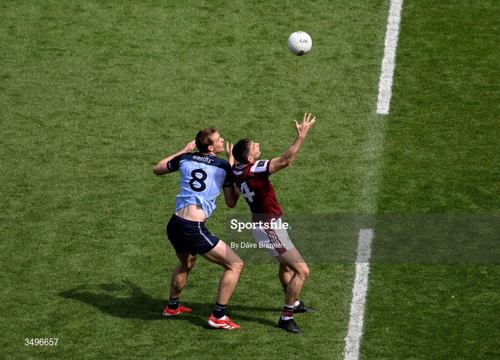 28 June 2026; Matthew Tierney of Galway in action against Peadar Ó Cofaigh Byrne of Dublin during the GAA Football All-Ireland Senior Championship quarter-final match between Dublin and Galway at Croke Park in Dublin. Photo by Daire Brennan/Sportsfile