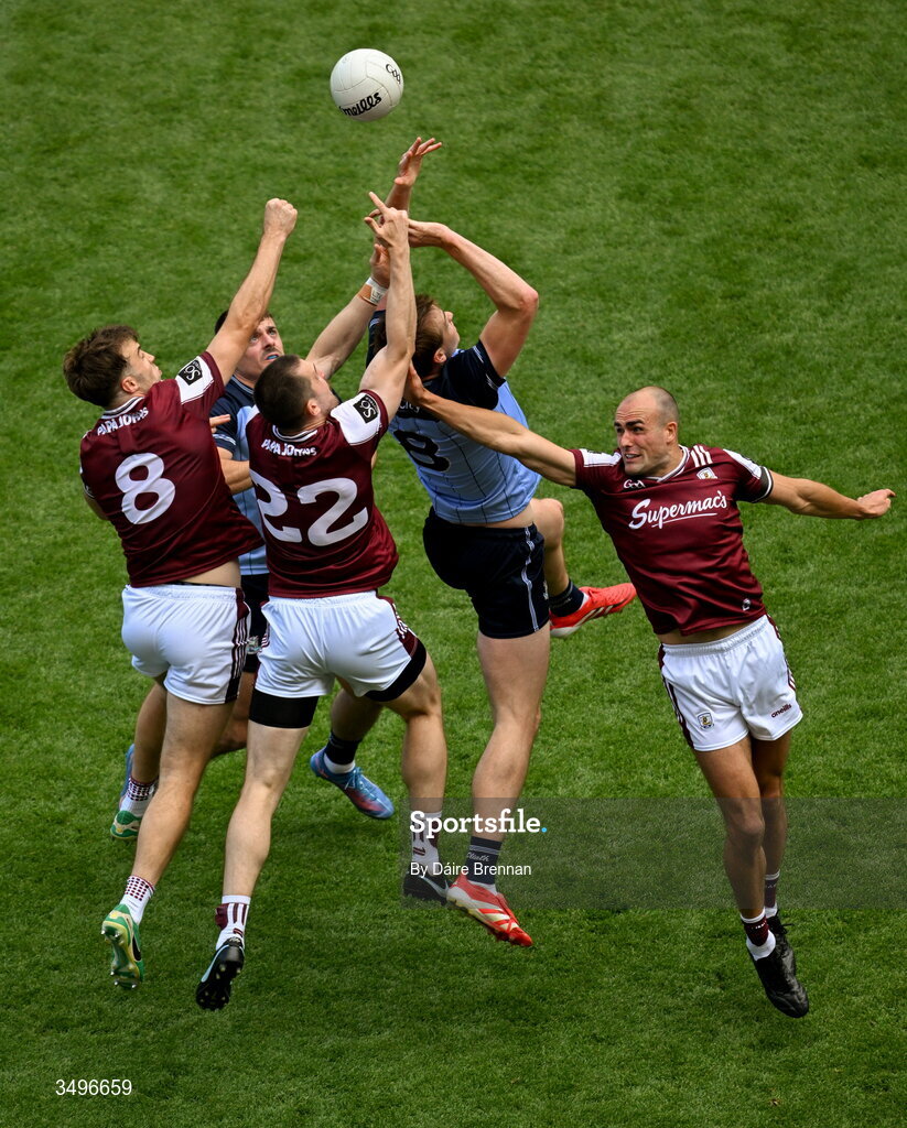 28 June 2026; Brian Howard, left, and Peadar Ó Cofaigh Byrne of Dublin in action against Galway players, left to right, Paul Conroy, Cein Darcy, and John Maher during the GAA Football All-Ireland Senior Championship quarter-final match between Dublin and Galway at Croke Park in Dublin. Photo by Daire Brennan/Sportsfile