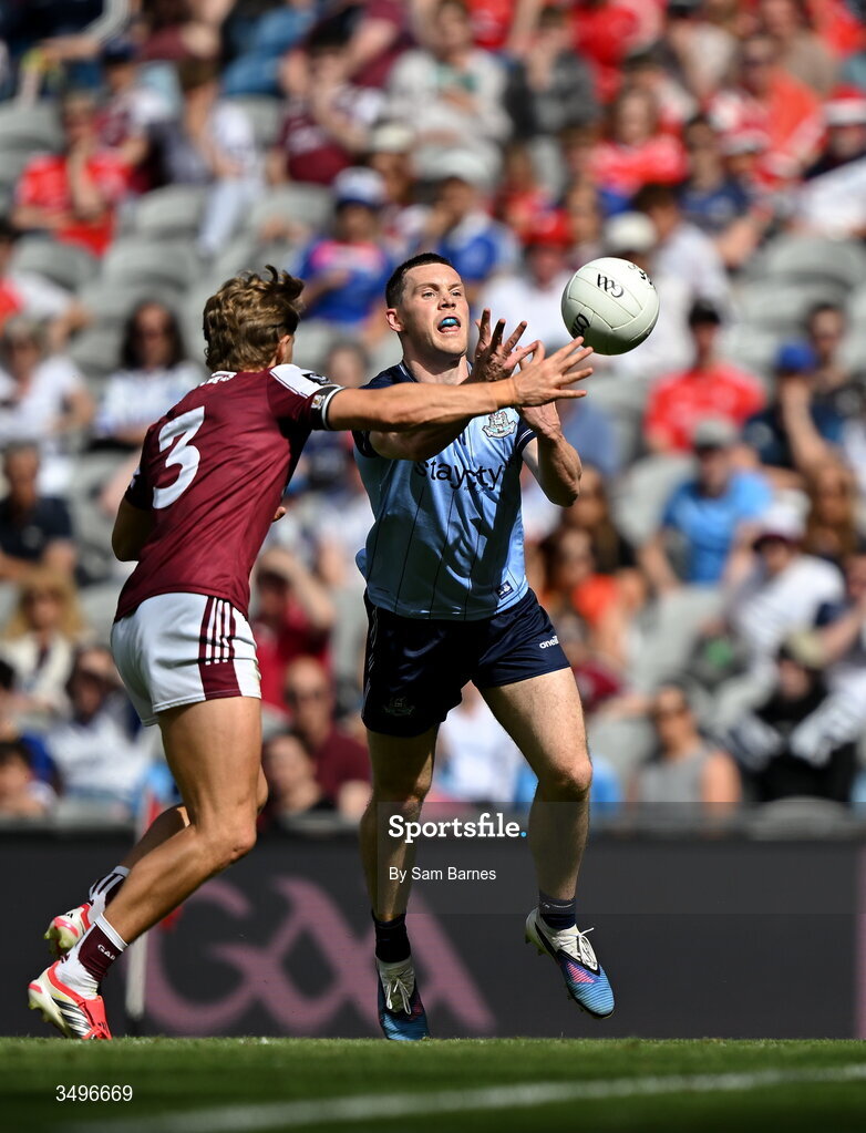 28 June 2026; Con O'Callaghan of Dublin fists a point under pressure from Cian Hernon of Galway during the GAA Football All-Ireland Senior Championship quarter-final match between Dublin and Galway at Croke Park in Dublin. Photo by Sam Barnes/Sportsfile