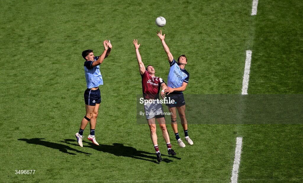 28 June 2026; Cein Darcy of Galway in action against Theo Clancy, left, and Charlie McMorrow of Dublin during the GAA Football All-Ireland Senior Championship quarter-final match between Dublin and Galway at Croke Park in Dublin. Photo by Daire Brennan/Sportsfile