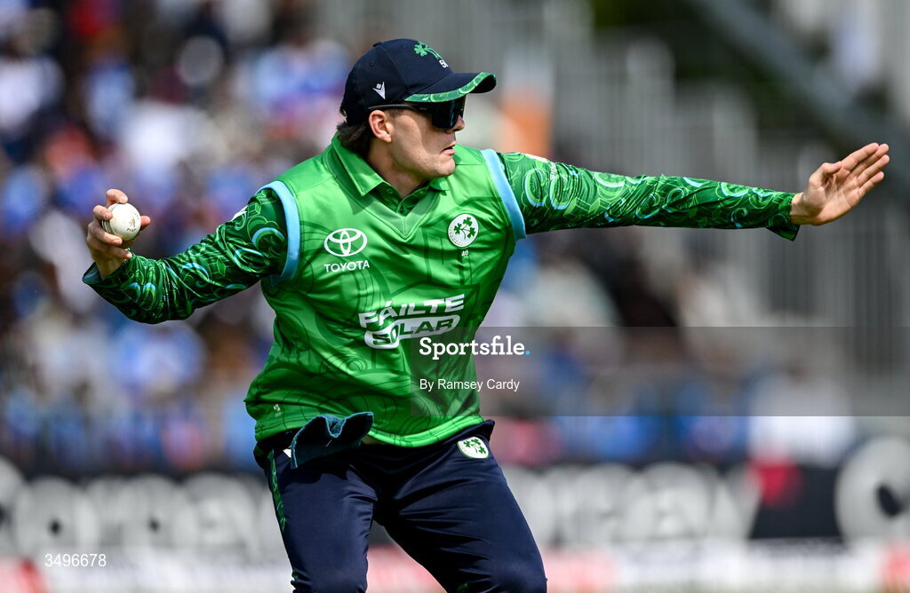 28 June 2026; Gareth Delany of Ireland during match two of the Spinny Cup Men's T20 International series between Ireland and India at Stormont in Belfast.  Photo by Ramsey Cardy/Sportsfile
