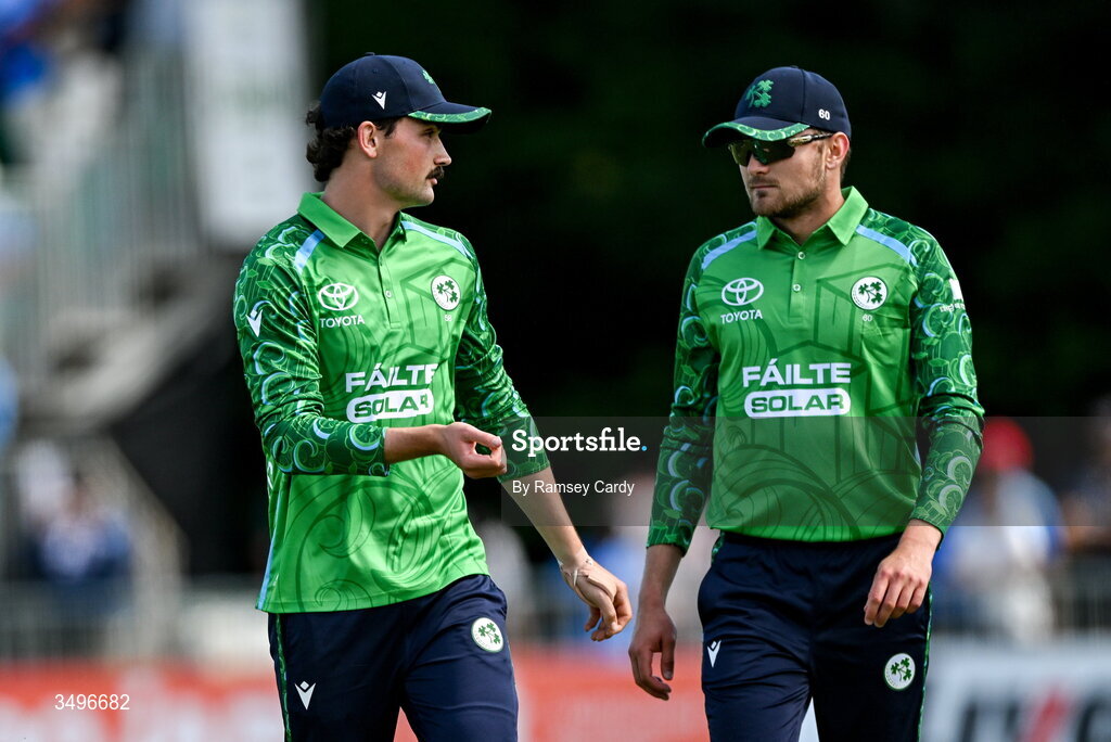 28 June 2026; Matthew Humphreys and Tim Tector of Ireland during match two of the Spinny Cup Men's T20 International series between Ireland and India at Stormont in Belfast.  Photo by Ramsey Cardy/Sportsfile
