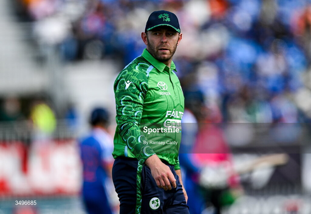28 June 2026; Ross Adair of Ireland during match two of the Spinny Cup Men's T20 International series between Ireland and India at Stormont in Belfast.  Photo by Ramsey Cardy/Sportsfile