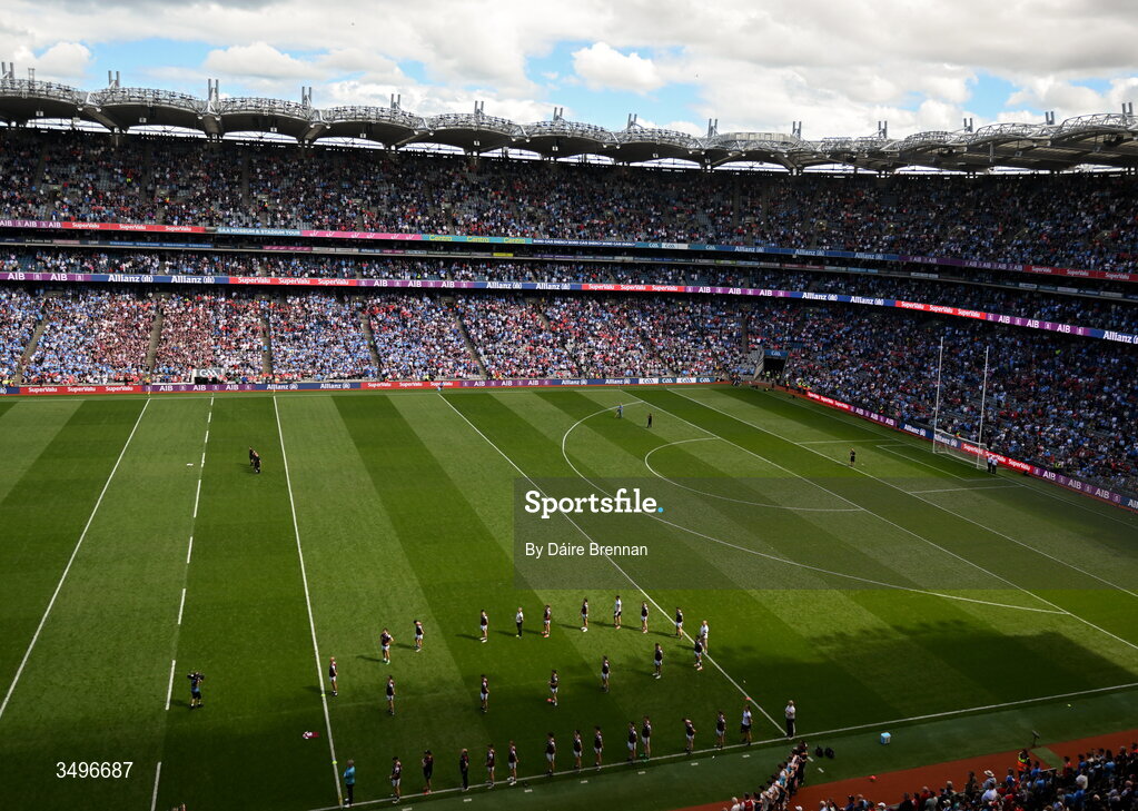 28 June 2026; The Galway players stand in a formation of 10, during a minute's silence, while the Galway number 10 jersey is laid out in honour of former Galway footballer Paul Clancy, who died during the week, ahead of the GAA Football All-Ireland Senior Championship quarter-final match between Dublin and Galway at Croke Park in Dublin. Photo by Daire Brennan/Sportsfile