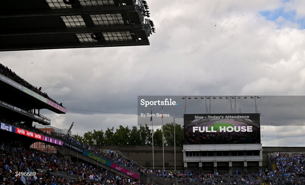 28 June 2026; The attendance is announced as a full house on the big screen during the GAA Football All-Ireland Senior Championship quarter-final match between Dublin and Galway at Croke Park in Dublin. Photo by Sam Barnes/Sportsfile