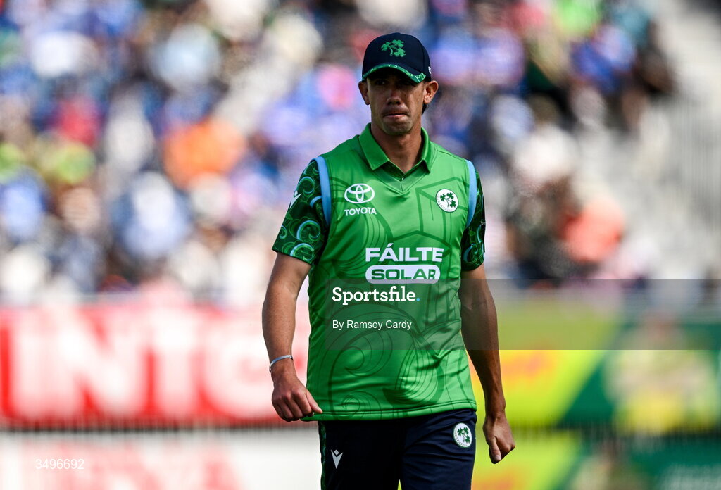 28 June 2026; Matthew Hollard of Ireland during match two of the Spinny Cup Men's T20 International series between Ireland and India at Stormont in Belfast.  Photo by Ramsey Cardy/Sportsfile