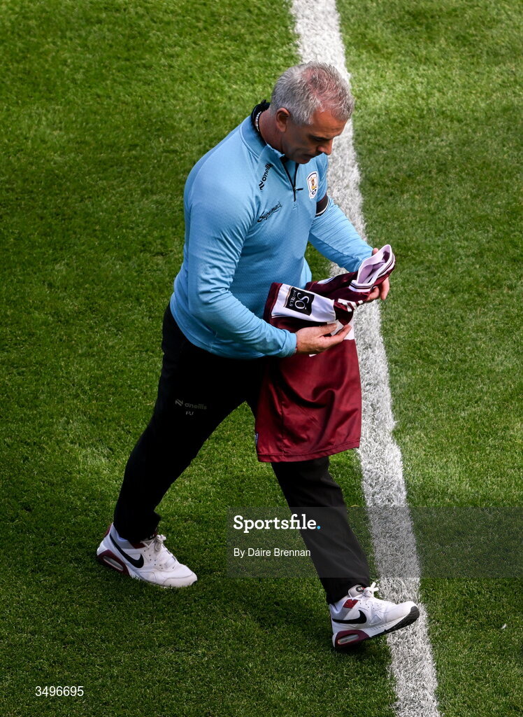 28 June 2026; Galway manager Pádraic Joyce holds the Galway number 10 jersey, which is not being used today as a mark of respect to Paul Clancy, who died during the week ahead of the GAA Football All-Ireland Senior Championship quarter-final match between Dublin and Galway at Croke Park in Dublin. Photo by Daire Brennan/Sportsfile