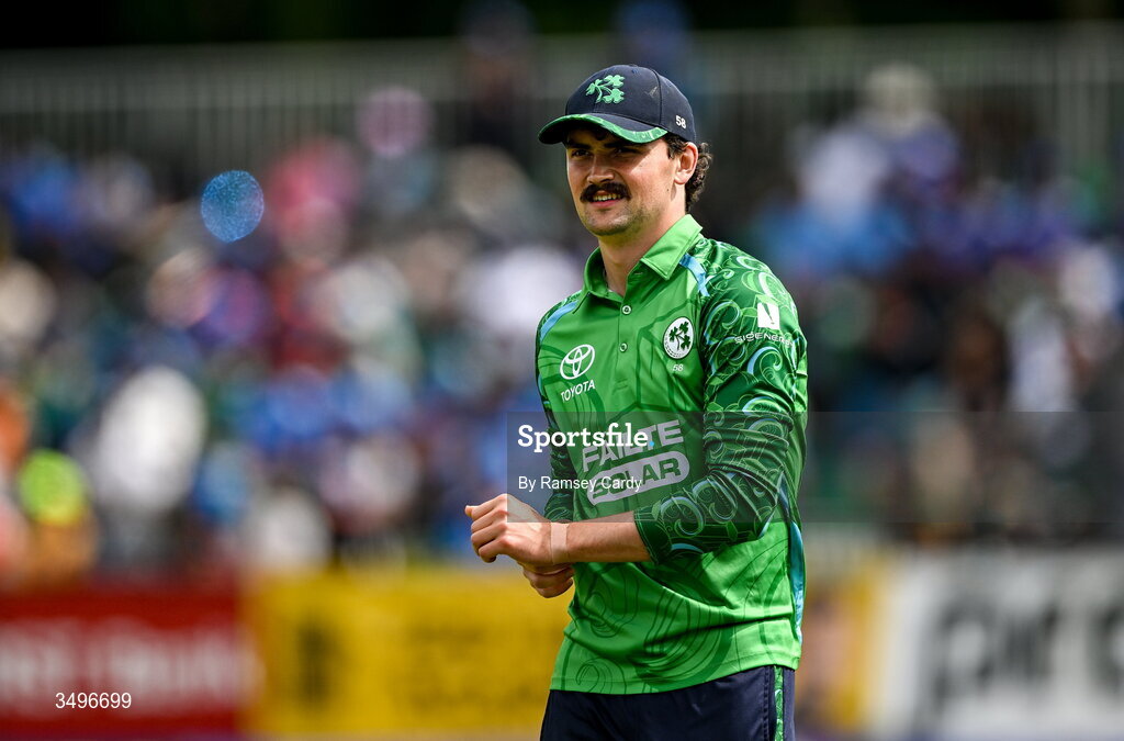 28 June 2026; Matthew Humphreys of Ireland during match two of the Spinny Cup Men's T20 International series between Ireland and India at Stormont in Belfast.  Photo by Ramsey Cardy/Sportsfile