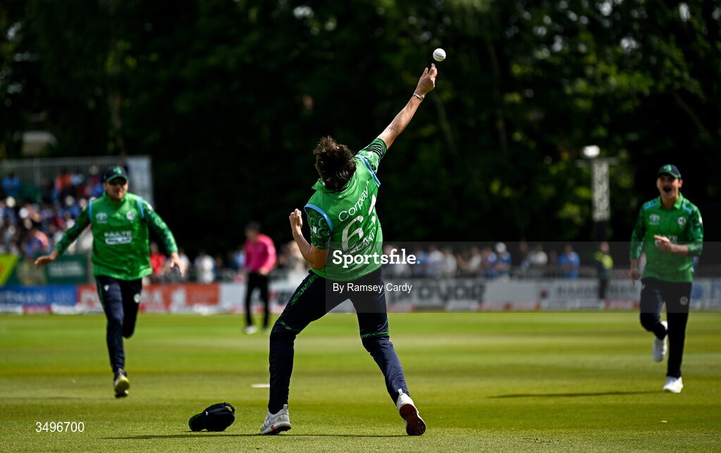28 June 2026; Matthew Hollard of Ireland celebrates the wicket of Abhishek Sharma of India during match two of the Spinny Cup Men's T20 International series between Ireland and India at Stormont in Belfast. Photo by Ramsey Cardy/Sportsfile
