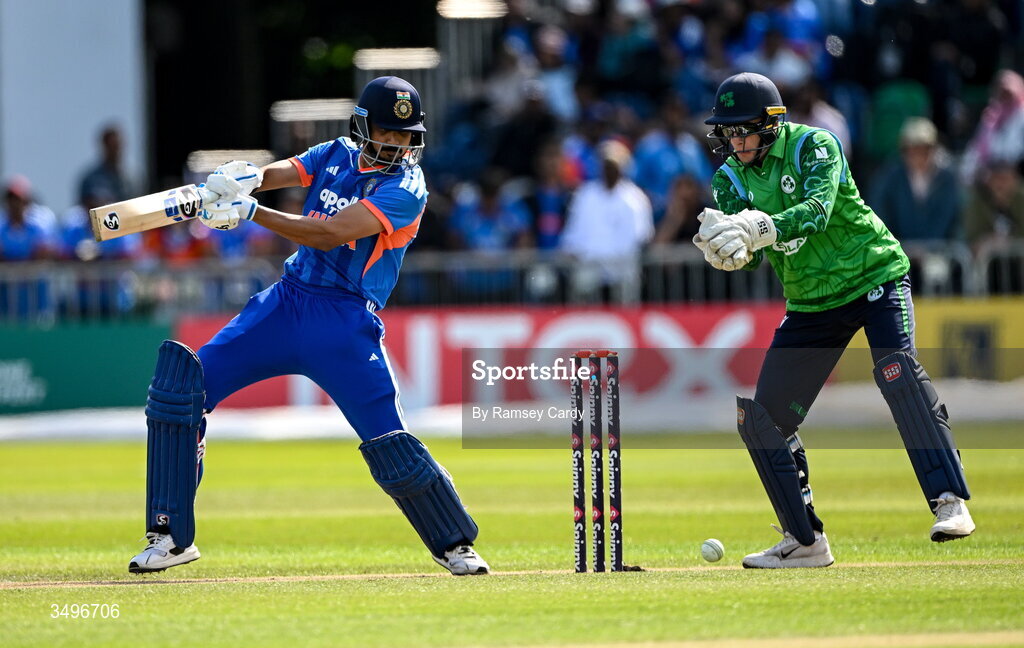 28 June 2026; Axar Patel of India and Ireland wicketkeeper Lorcan Tucker during match two of the Spinny Cup Men's T20 International series between Ireland and India at Stormont in Belfast.  Photo by Ramsey Cardy/Sportsfile