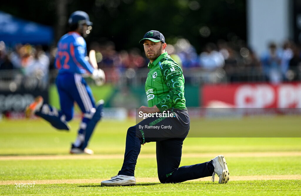 28 June 2026; Ross Adair of Ireland during match two of the Spinny Cup Men's T20 International series between Ireland and India at Stormont in Belfast.  Photo by Ramsey Cardy/Sportsfile