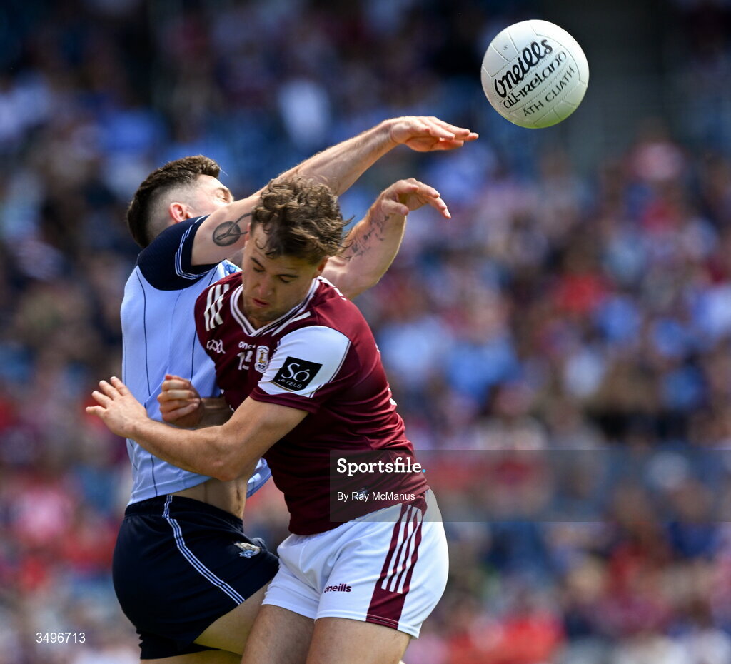 28 June 2026; David Byrne of Dublin is tackled by Robert Finnerty of Galway during the GAA Football All-Ireland Senior Championship quarter-final match between Dublin and Galway at Croke Park in Dublin. Photo by Ray McManus/Sportsfile