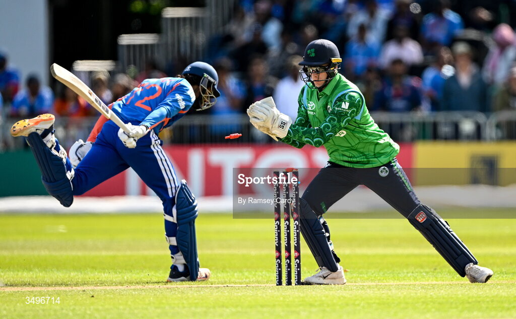 28 June 2026; Ireland wicketkeeper Lorcan Tucker fails to take the wicket of India batter Tilak Varma during match two of the Spinny Cup Men's T20 International series between Ireland and India at Stormont in Belfast.  Photo by Ramsey Cardy/Sportsfile