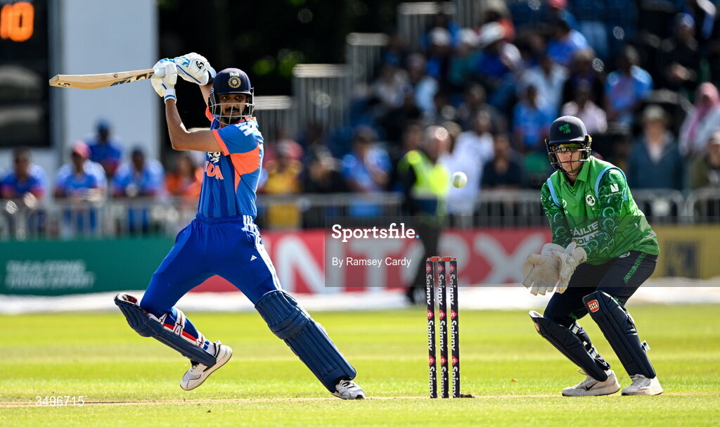 28 June 2026; India batter Axar Patel and Ireland wicketkeeper Lorcan Tucker during match two of the Spinny Cup Men's T20 International series between Ireland and India at Stormont in Belfast.  Photo by Ramsey Cardy/Sportsfile