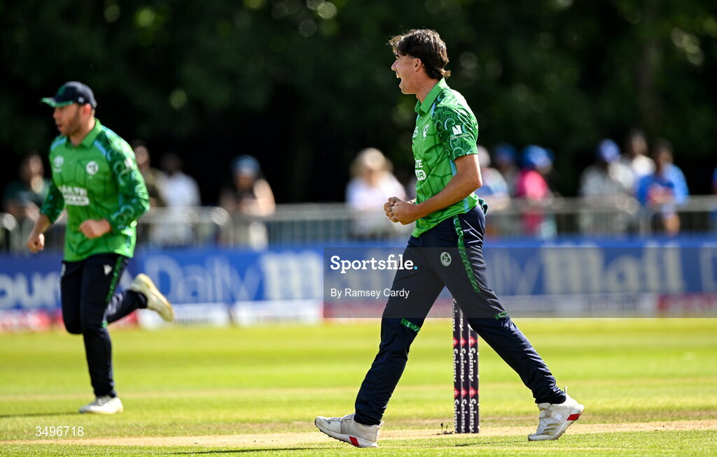 28 June 2026; Matthew Hollard of Ireland celebrates the wicket of India batter Axar Patel during match two of the Spinny Cup Men's T20 International series between Ireland and India at Stormont in Belfast.  Photo by Ramsey Cardy/Sportsfile