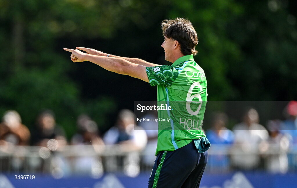 28 June 2026; Matthew Hollard of Ireland celebrates the wicket of India batter Axar Patel during match two of the Spinny Cup Men's T20 International series between Ireland and India at Stormont in Belfast.  Photo by Ramsey Cardy/Sportsfile