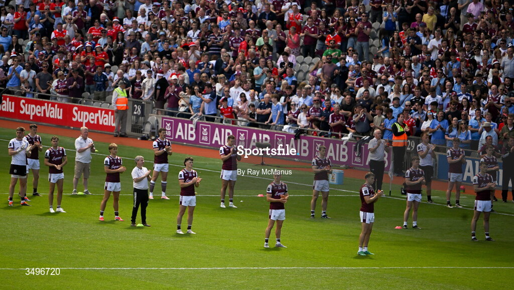 28 June 2026; The Galway players applaud the careers of Peter Reaney, Paul Clancy, and John Coleman befiore the GAA Football All-Ireland Senior Championship quarter-final match between Dublin and Galway at Croke Park in Dublin. Photo by Ray McManus/Sportsfile