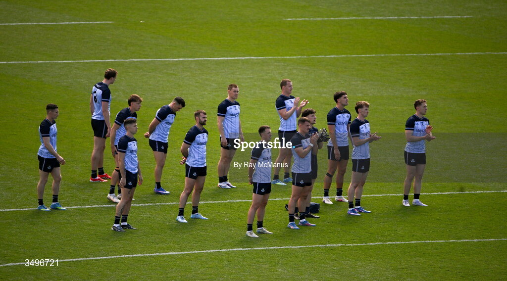28 June 2026; The Dublin players applaud the careers of Peter Reaney, Paul Clancy, and John Coleman before the GAA Football All-Ireland Senior Championship quarter-final match between Dublin and Galway at Croke Park in Dublin. Photo by Ray McManus/Sportsfile