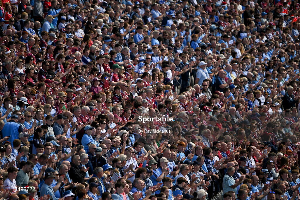 28 June 2026; The Galway and Dublin supporters, in the Cusack Stand, applaud the careers of Peter Reaney, Paul Clancy, and John Coleman befiore the GAA Football All-Ireland Senior Championship quarter-final match between Dublin and Galway at Croke Park in Dublin. Photo by Ray McManus/Sportsfile