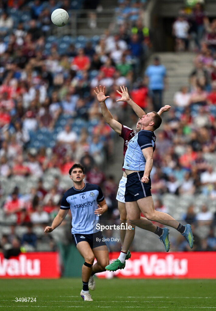 28 June 2026; Ciaran Kilkenny of Dublin in action against Paul Conroy of Galway during the GAA Football All-Ireland Senior Championship quarter-final match between Dublin and Galway at Croke Park in Dublin. Photo by Seb Daly/Sportsfile