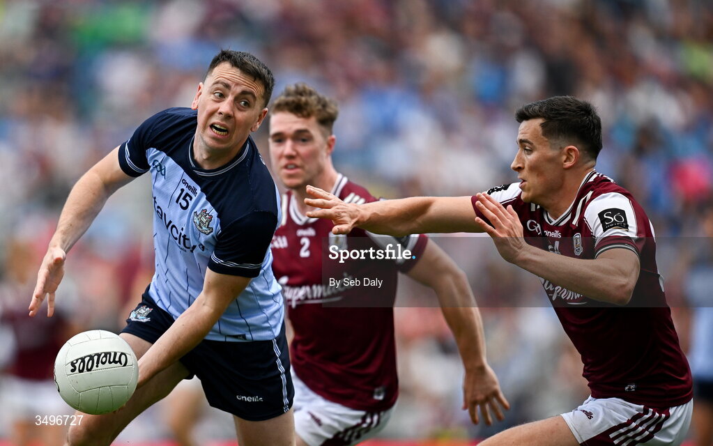 28 June 2026; Cormac Costello of Dublin in action against Finnian Ó Laoi of Galway during the GAA Football All-Ireland Senior Championship quarter-final match between Dublin and Galway at Croke Park in Dublin. Photo by Seb Daly/Sportsfile